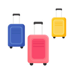 Set of flat color travel suitcases isolated on white background. Vector illustration