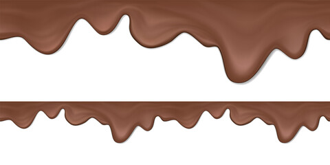 Seamless vector realistic horizontal border melted untempered milk or dark chocolate.Vector flowing liquid chocolate seamless pattern with shadow for packaging decoration for sweets and desserts.