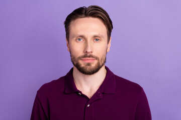 Photo of young handsome man smart represenatative wear casual clothes isolated over violet color background