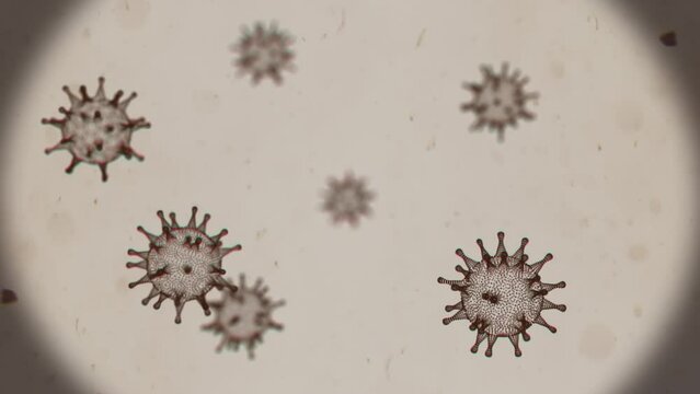 Microscopic view to the virus cells in the viability liquid environment. Bacterium molecules of the smallpox, coronavirus, aids or hiv virus moving in the macro view in scientific research laboratory.