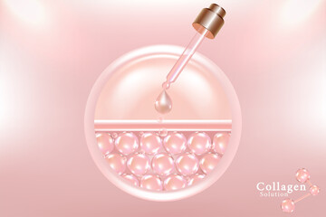 Hyaluronic acid hair and skin solutions ad, pink collagen serum drop over skin cells with cosmetic advertising background ready to use, illustration vector.