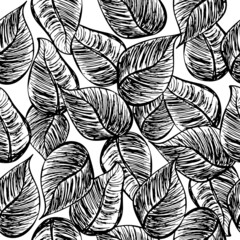 Seamless scandinavian pattern with cute doodle outline leaves. Vector illustration.