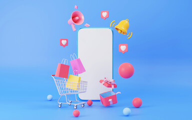 Online shopping store with smartphone and gift box, business online concept, application mobile on website, promotion with summer sale discount product online, 3d rendering