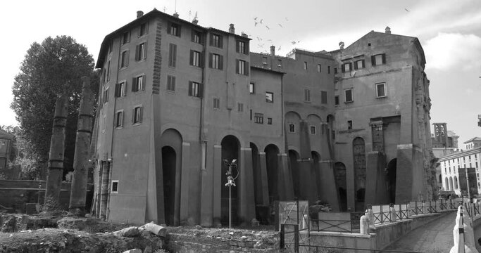 Palazzo Savelli Orsini In Black And White. Medieval Palace Built On The Ruins Of The Theatre of Marcellus In Rome, Italy. pan right