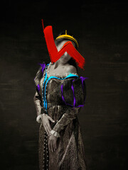Creative artwork. Woman in image of medieval lady with red stroke of watercolor paint and drawings...
