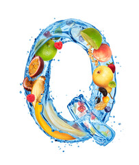 Latin letter Q made of water splashes with different fruits and berries