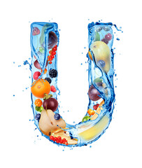 Latin letter U made of water splashes with different fruits and berries © Krafla