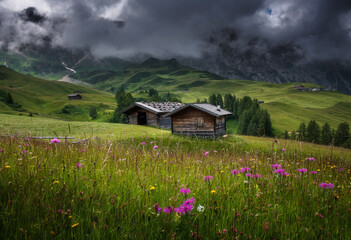 Cottages and scenery at Seiser Alm in the Dolomites