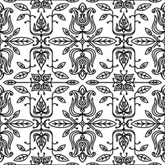 Black-white seamless pattern of floral and floral motifs in Art Nouveau style.