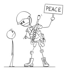 Civilian and Armed Soldier, Vector Cartoon Stick Figure Illustration