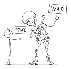 Civilian and Armed Soldier, Peace and War, Vector Cartoon Stick Figure Illustration