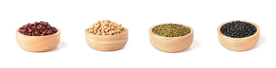 Set of various nuts in wooden bowl isolated on a white background