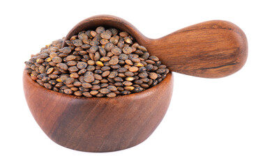 French lentils in wooden bowl and spoon, isolated on white background. Dry puy lentil grains pile.
