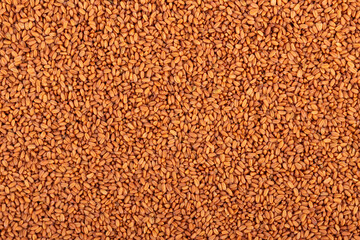 Camelina sativa seeds background. Seeds of camelina or false flax. Raw material for the production of camelina oil. Top view,