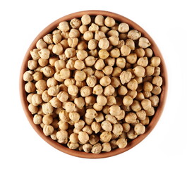Raw chickpeas in clay pot isolated on white, top view  