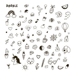 Funny doodles: animals, plants, diamonds vector illustrations set