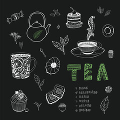 tea cup, cake sweet cafe food vector illustrations set