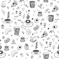 coffee and tea cup, croissant, cake food vector seamless pattern