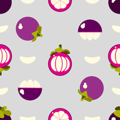 Seamless vector pattern made of mangosteen. Ripe Asian fruit. Illustration of mangosteen fruits. Mangosteen pattern for greeting cards, wrapping paper, packaging, fabric, wallpaper.