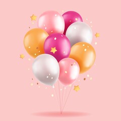 3d balloons, realistic colorful bunch of pink and yellow air balloons, stars and confetti on pink background. Birthday greetings, baby shower, grand opening festive concept. Vector illustration