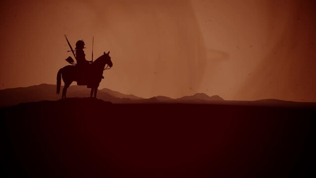 Samurai Horsman on a Horse in a Desert Plain