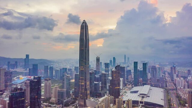 time lapse aerial view of modern cityscape of midtown of shenzhen at twilight
