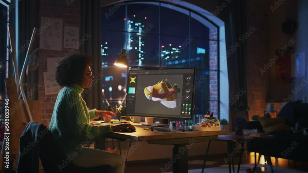 Poster black teen designer looks at high-poly model of shoe use program for 3d modeling and thinks about ho