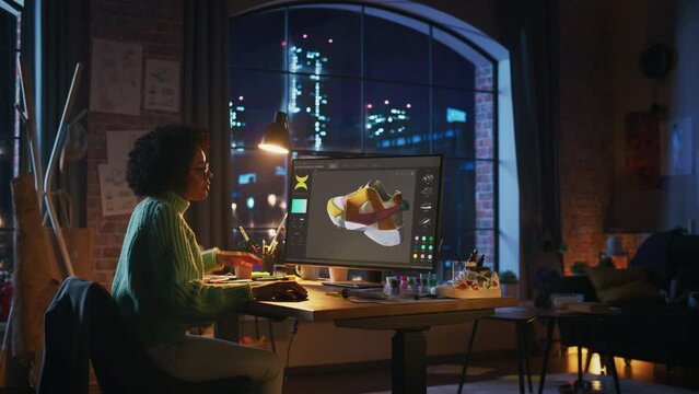 Black Teen Designer Looks at High-Poly Model of Shoe Use Program for 3d Modeling and Thinks about How to Improve it. Woman Work Late at Night. Freelance and Millennial People Concept
