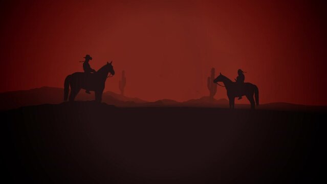 Cowboy and Indian Sitting on a Horse in the Desert