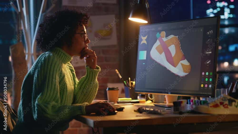 Poster Black Female Art Director Examining 3d Model of Shoe while Working at Desktop Computer at Home. Artist Girl Making Visualisation at Special Program. Graphic Designer Concept