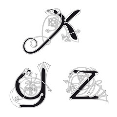 Medieval, Celtic Initial Letter X, Y and Z combining animal body parts and endless knot ornaments in black and white - obrazy, fototapety, plakaty