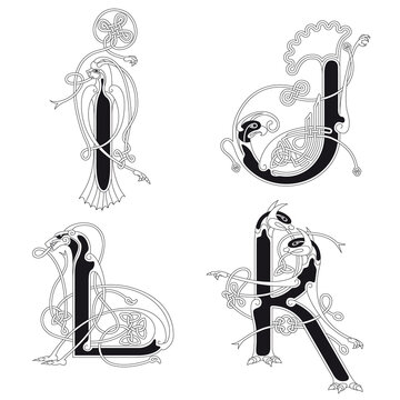 Medieval, Celtic Initial Letter I, J, K and L combining animal body parts and endless knot ornaments in black and white