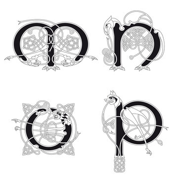 Medieval, Celtic Initial Letter M, N, O and P combining animal body parts and endless knot ornaments in black and white
