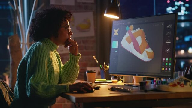 Black Female Art Director Examining 3d Model of Shoe while Working at Desktop Computer at Home. Artist Girl Making Visualisation at Special Program. Graphic Designer Concept