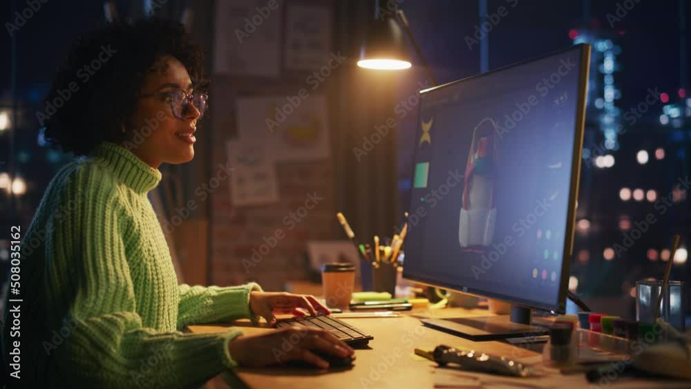 Poster Focused Female 3D Designer Examining Model at Her Desktop Computer while Working with Inspiration in Modern Loft Flat. Modern Woman Creating Something New. Freelancer at Remote Work Concept