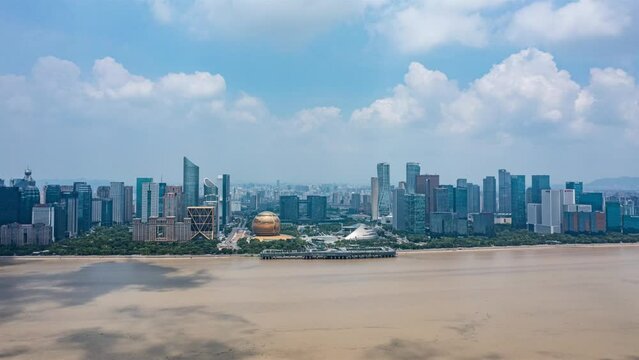 time lapse aerial view of cloud sky and modern cityscape of hangzhou qianjiang new city
