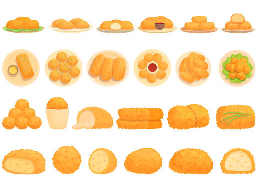 Croquette icons set cartoon vector. Baked ball. Food potato