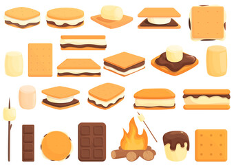 Smore icons set cartoon vector. American bakery. Camp chocolate - obrazy, fototapety, plakaty
