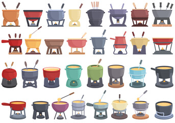 Fondue icons set cartoon vector. Cheese cow. Melted cook