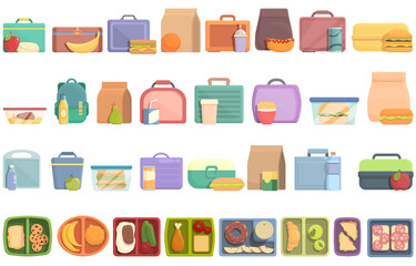 Kids lunch box icons set cartoon vector. Snack kid. Breakfast sandwich