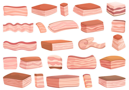 Pork lard icons set cartoon vector. Bacon meat. Beef belly