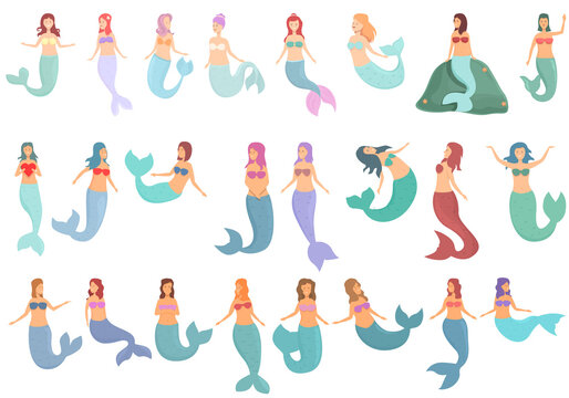 Mermaid icons set cartoon vector. Cute girl. Fairy water character