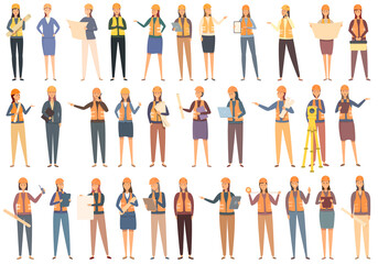 Female construction engineer icons set cartoon vector. Architect worker. Civil construction
