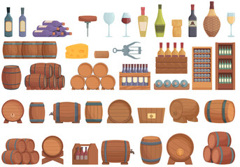 Wine cellar icons set cartoon vector. Barrel keg. Tank alcohol