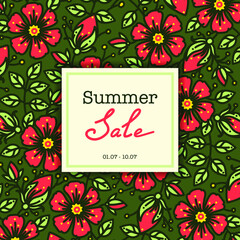 Summer sale card on the background of a floral image with red flowers on a dark green background.