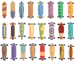 Longboard icons set cartoon vector. Long skateboard. Deck active