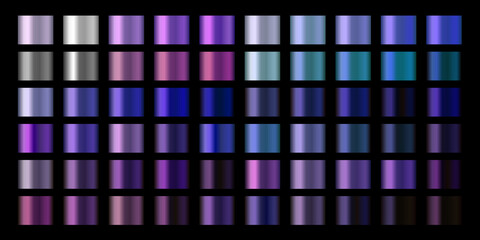 Gradients vector set. Vector neon chrome metal texture surface background swatch template. Metallic and chromium shade combination. Purple, lilac, violet neon chromium shades. Bright vibrant colors