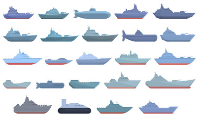 Warship icons set cartoon vector. Military carrier. War boat
