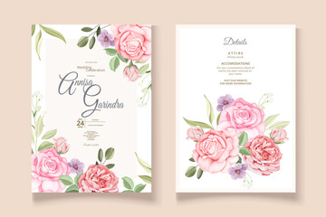   romantic Wedding invitation card template set with beautiful  floral leaves Premium Vector
