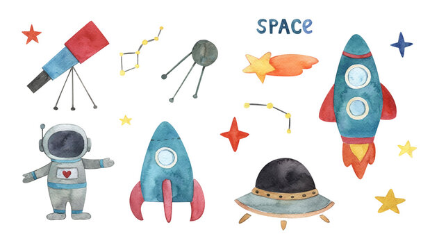A set of spaceships, stars, flying saucer, rocket, watercolor illustration	